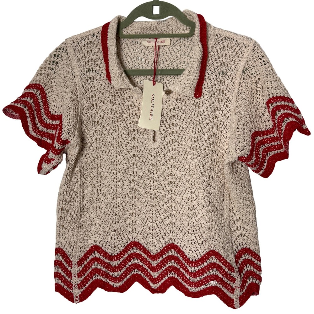 Solitaire Crochet Knit Polo Top Beige Red Chevron Scalloped Hem Womens Large NEW